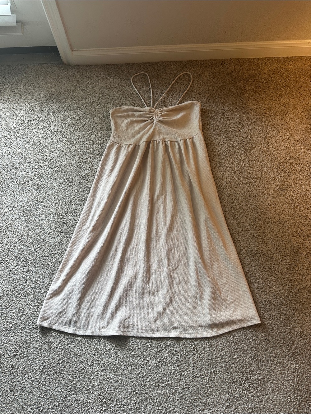 H&M Cream Ribbed Spaghetti Strap Midi Dress